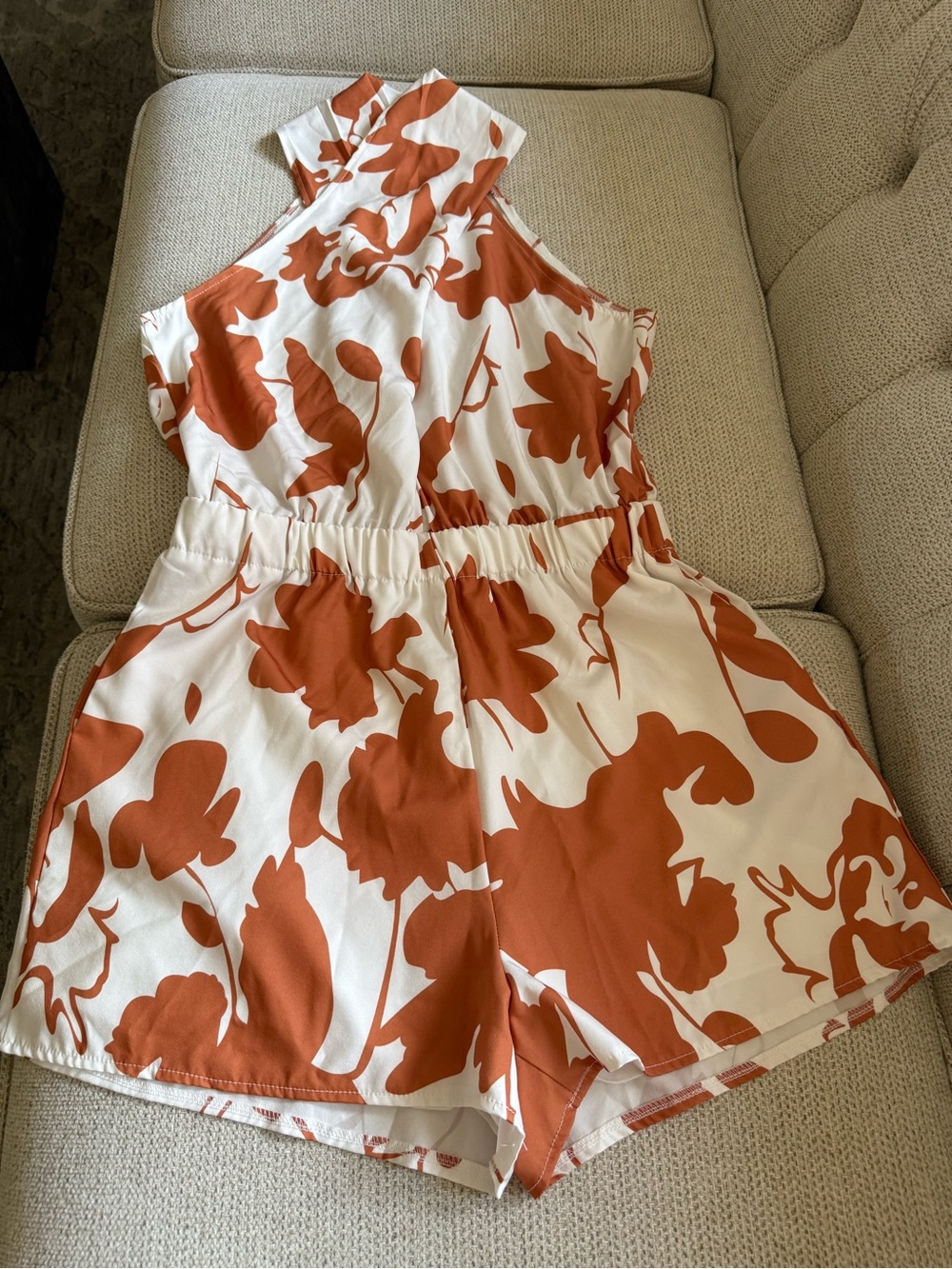 White and Rust Floral Halter Romper